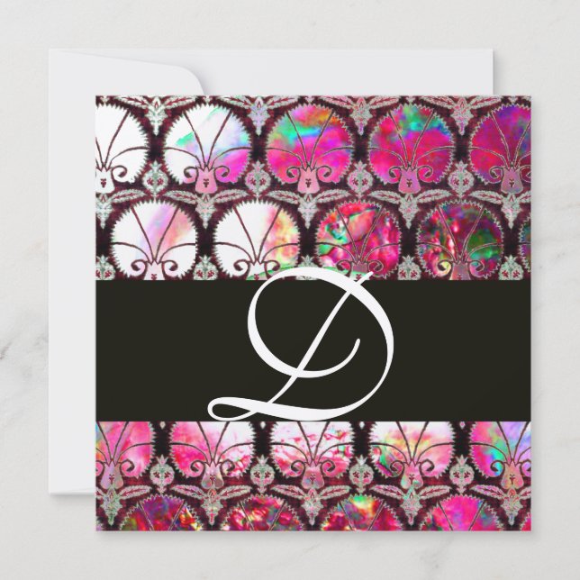 PINK MOTHER OF PEARL DAMASK CARNATIONS MONOGRAM INVITATION (Front)