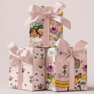 Pink Mothers Day Custom Kids Photo Royal Queen Bee Wrapping Paper Sheets
