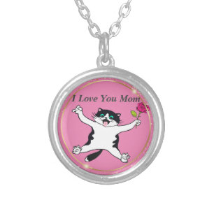 Pink Mother's Day I Love You Mom Cat Mom Silver Plated Necklace