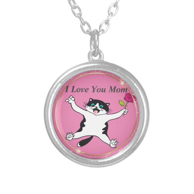 Pink Mother's Day I Love You Mom Cat Mom Silver Plated Necklace (Front)
