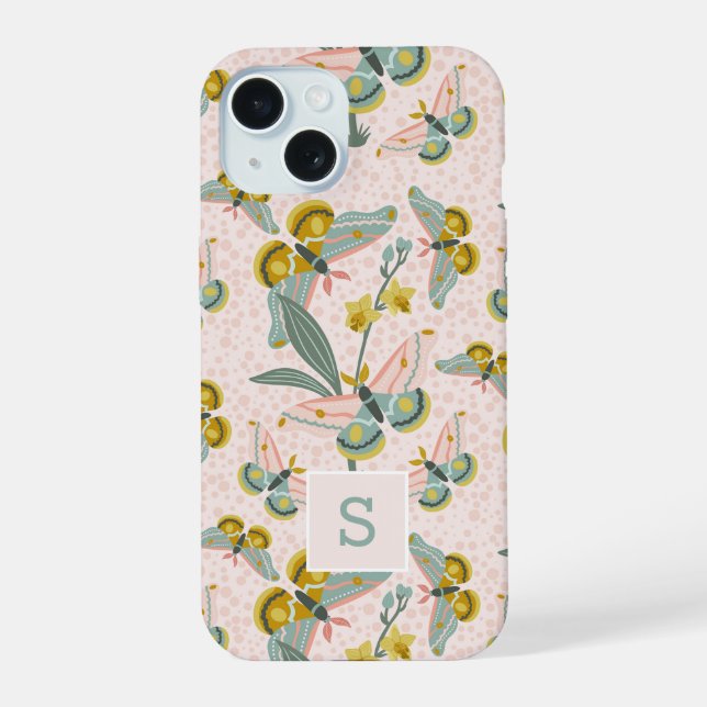 Pink Moths And Daffodils Pattern Monogram Iphone Case (Back)