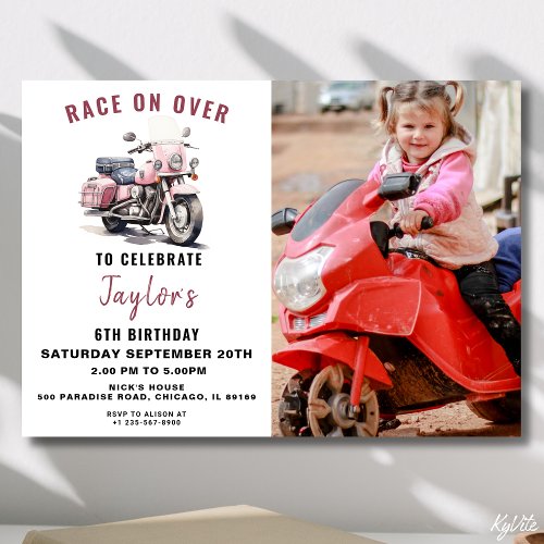 Pink Motorbike Photo Birthday Invitation