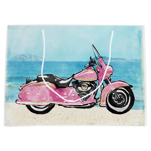 Pink Motorcycle on the Beach Large Gift Bag (Front)