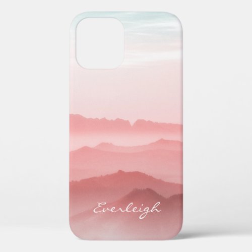 Pink Mountain Silhouette Monogrammed iPhone 12 Case