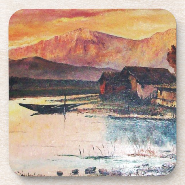 PINK MOUNTAINS LAKE ALPINE SUNSET LANDSCAPE BEVERAGE COASTER (Front)