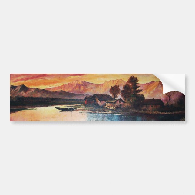 PINK MOUNTAINS LAKE ALPINE SUNSET LANDSCAPE BUMPER STICKER (Front)