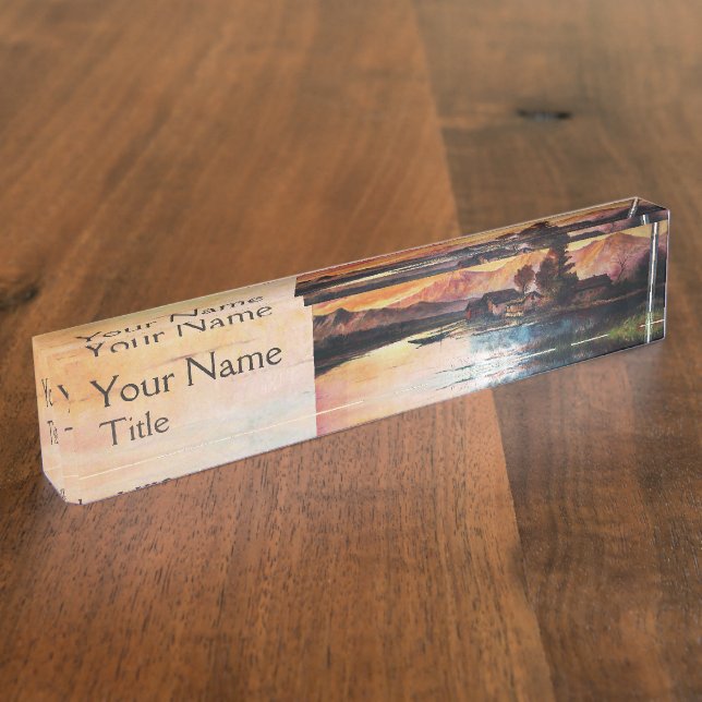 PINK MOUNTAINS LAKE ALPINE SUNSET LANDSCAPE DESK NAME PLATE (Side)