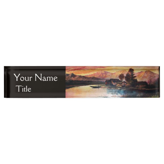 PINK MOUNTAINS LAKE ALPINE SUNSET LANDSCAPE DESK NAME PLATE (Front)