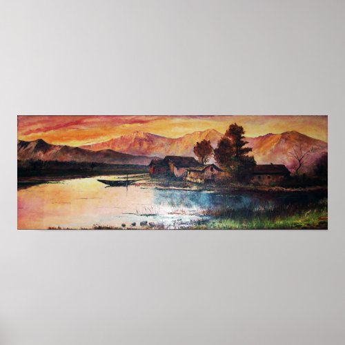 PINK MOUNTAINS LAKE ALPINE SUNSET LANDSCAPE POSTER