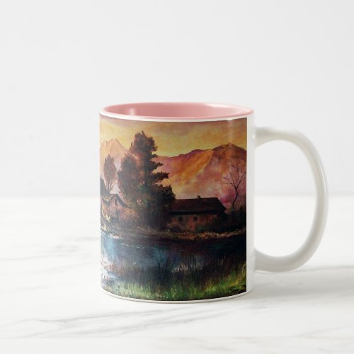 PINK MOUNTAINS LAKE ALPINE SUNSET LANDSCAPE Two_Tone COFFEE MUG