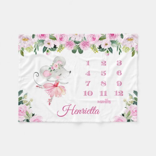 Pink Mouse Ballerina Monthly Growth Tracker  Fleece Blanket