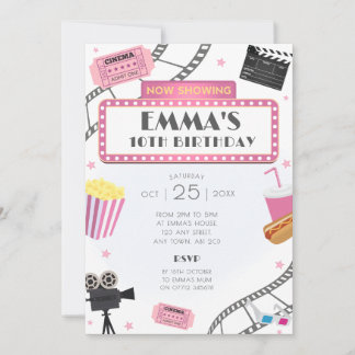 Pink Movie Night Birthday Party Invitation Cinema