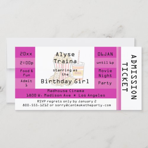 Pink Movie Night Party Admission Ticket Invite