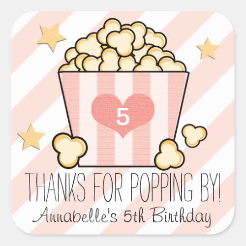 Pink Movie Popcorn Thank You Birthday Party Favor Square Sticker