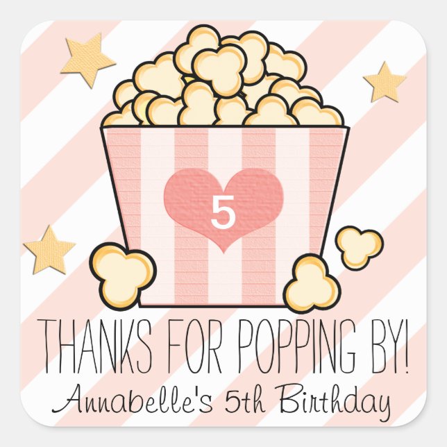 Pink Movie Popcorn Thank You Birthday Party Favor Square Sticker (Front)