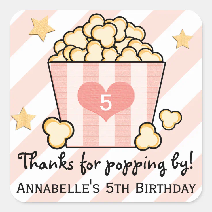 Pink Movie Popcorn Thank You Birthday Party Favor Square Sticker | Zazzle
