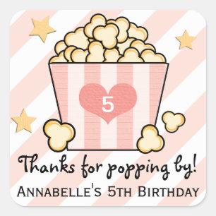 Pink Movie Popcorn Thank You Birthday Party Favor Square Sticker