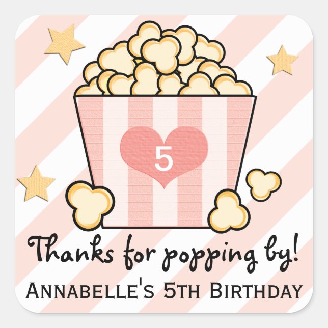 Pink Movie Popcorn Thank You Birthday Party Favor Square Sticker (Front)