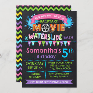 Pink Movie & Waterslide Kids Birthday Summer Party Invitation