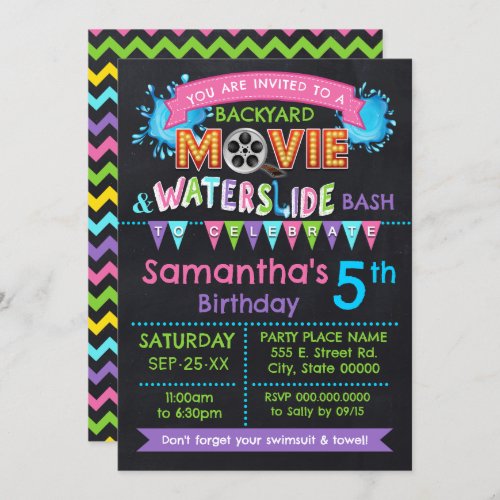 Pink Movie  Waterslide Kids Birthday Summer Party Invitation