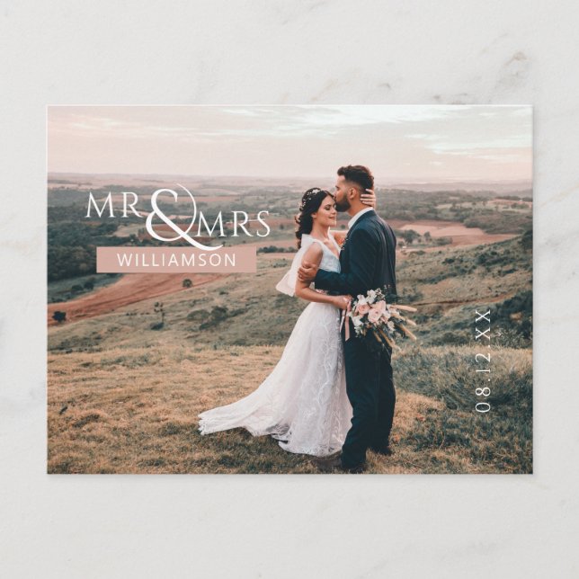 Pink Mr & Mrs Monogram Wedding Photo Thank You Postcard (Front)
