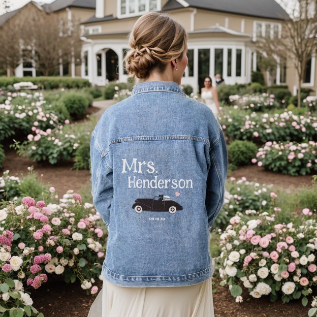 Pink Mrs Brides Last Name Classic Car Denim Jacket (Wedding Back)