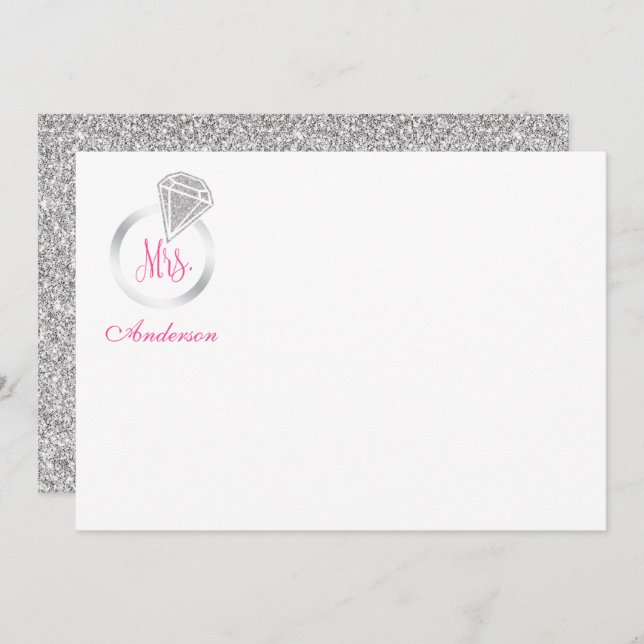Pink Mrs. Silver Glitter Diamond Ring Personalized Note Card (Front/Back)