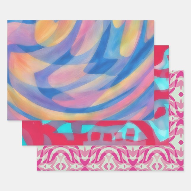 Pink Multi Color Abstract Art Wrapping Craft Paper (Set)