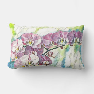 Pink multicolored orchid flowers watercolor lumbar pillow
