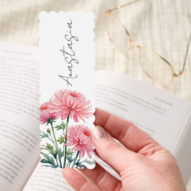 Pink Mum Flower November Birth Month Name Script Bookmarks (Hand)