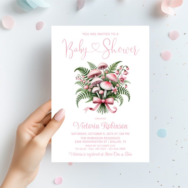 Pink Mushroom Bouquet Girl Baby Shower  Invitation (Pink mushroom bouquet baby shower invitation with mushrooms, flowers and ferns and pretty pink bow.)