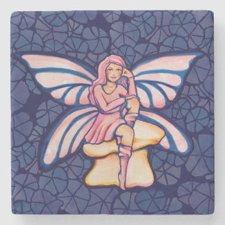 Pink Mushroom Fairy Watercolor Art Fairies Stone Coaster