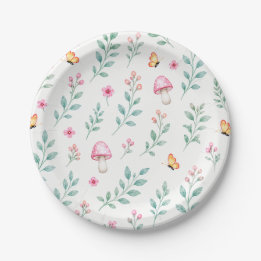 Pink Mushroom Floral Butterfly Paper Plates