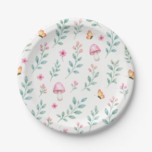 Pink Mushroom Floral Butterfly Paper Plates