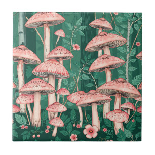 Pink Mushroom Forest Pattern Woodland Naturecore Ceramic Tile