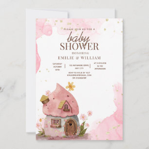 Pink Mushroom House Woodland Baby Shower Invitation
