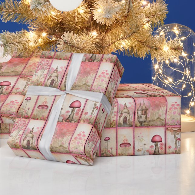 Pink mushroom houses wrapping paper (Holidays)