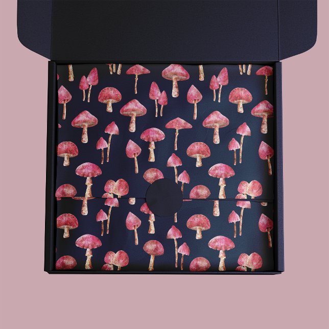 Pink Mushroom Pattern Tissue Paper (Pink mushroom pattern tissue paper on dark navy blue background)