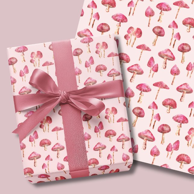 Pink Mushroom Pattern Wrapping Paper Sheets (Pink mushroom wrapping paper sheets. Woodland mushrooms on soft pink background.)