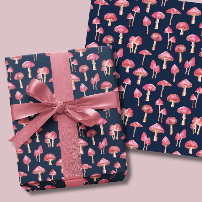 Pink Mushroom Pattern Wrapping Paper Sheets (Pink mushroom wrapping paper sheets. Woodland mushrooms on navy blue background.)