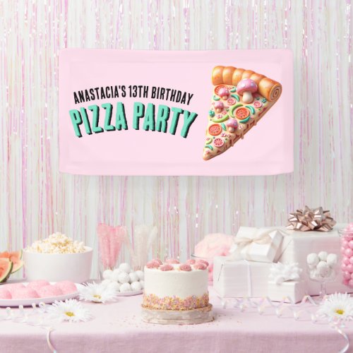 Pink Mushroom Pizza Party  Banner
