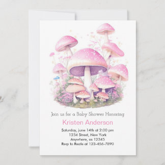 Pink Mushroom Whimsical Woodland Girl Baby Shower Invitation