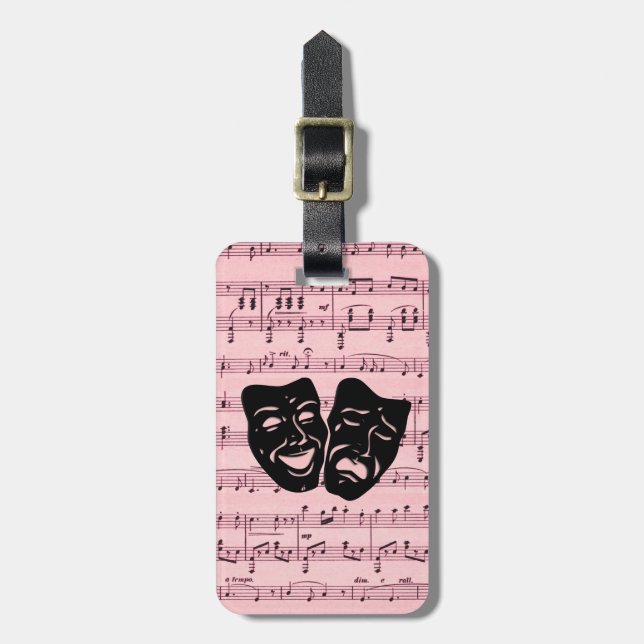 Pink Music and Theater Masks Luggage Tag (Front Vertical)