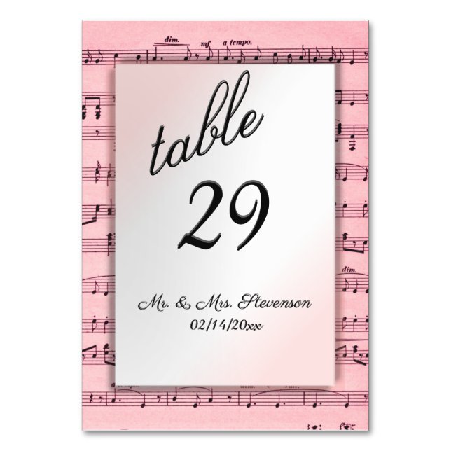 Pink Music Design Personalized Table Number (Front)