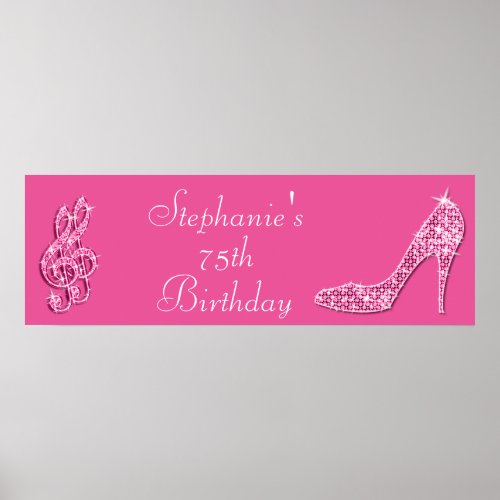 Pink Music Note and Stiletto 75th Birthday Poster