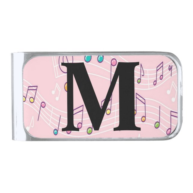 Pink Music note Musician Monogram   Silver Finish Money Clip (Front)