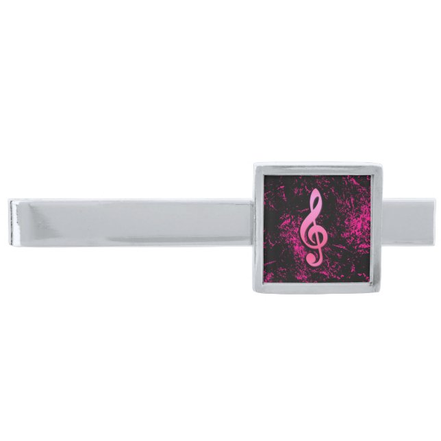 Pink Music Note Symbol - Silver Finish Tie Clip (Front)
