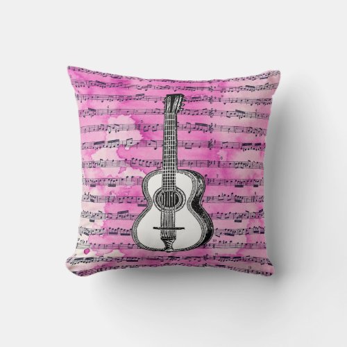 Pink Music Notes Guitar Throw Pillow