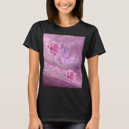 Pink Music Notes  Roses Black Spaghetti Straps T_Shirt