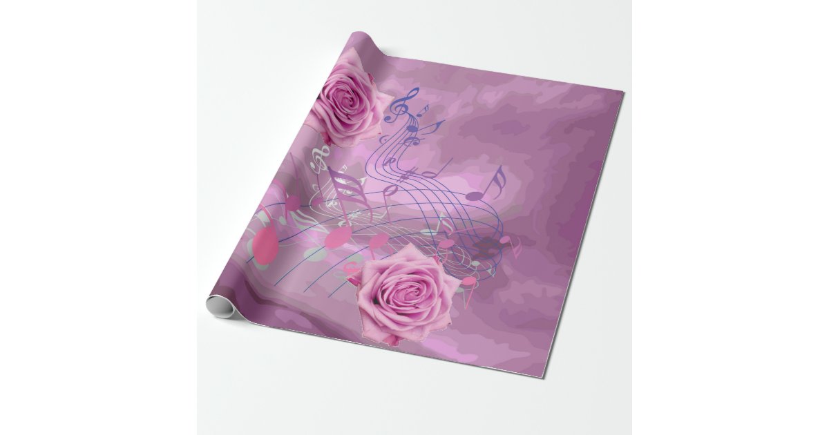 Pink Music Notes & Roses Wrapping Paper | Zazzle